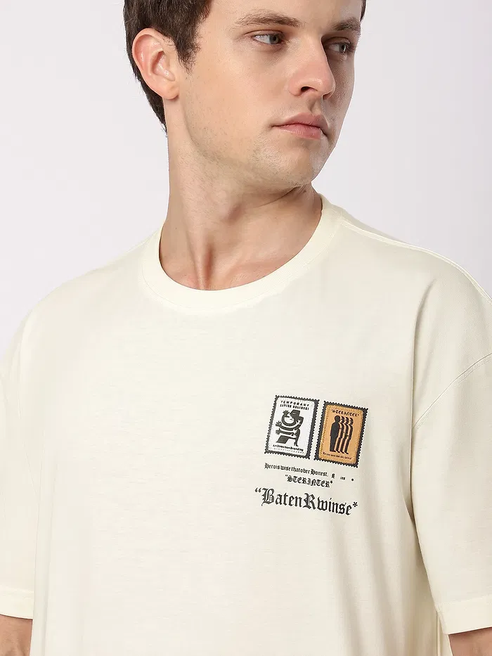Cream Stamps Printed Oversized T-Shirt